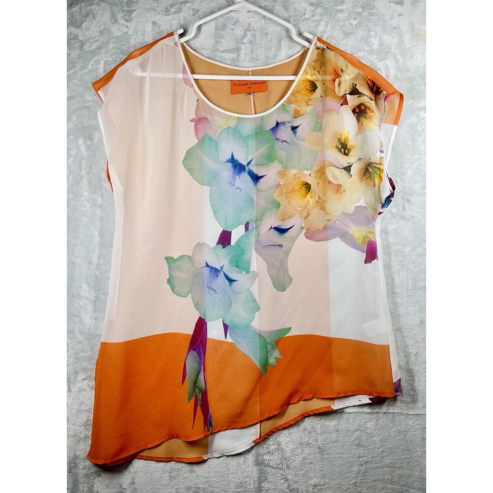 Clover Canyon Womens Print Asymmetrical Blouse Sz Med Semi Sheer Top Boho Artsy